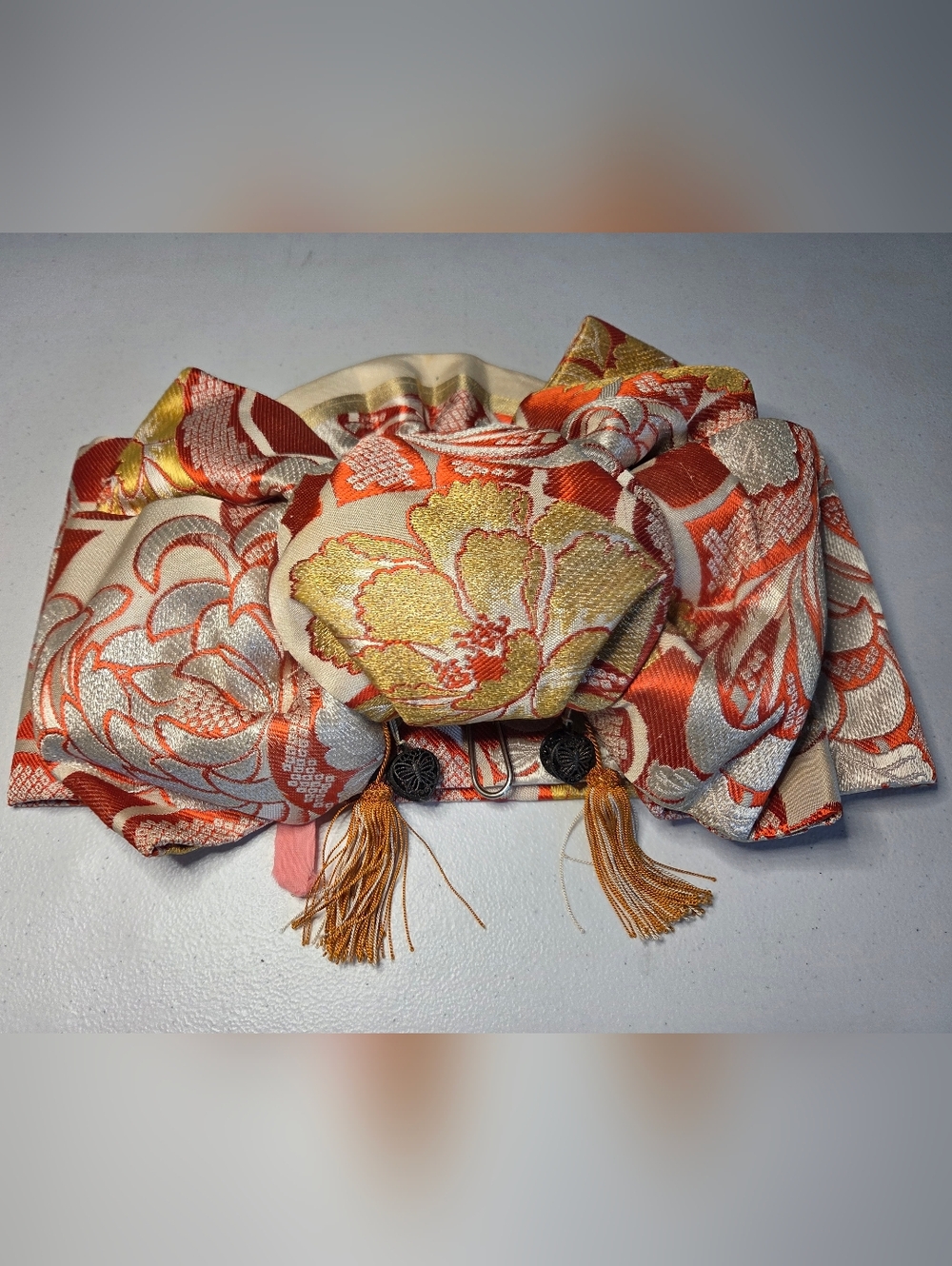 ​Vintage Japanese Tsuke Obi – Vibrant Floral Silk Brocade – Pre-Tied Kimono Bow